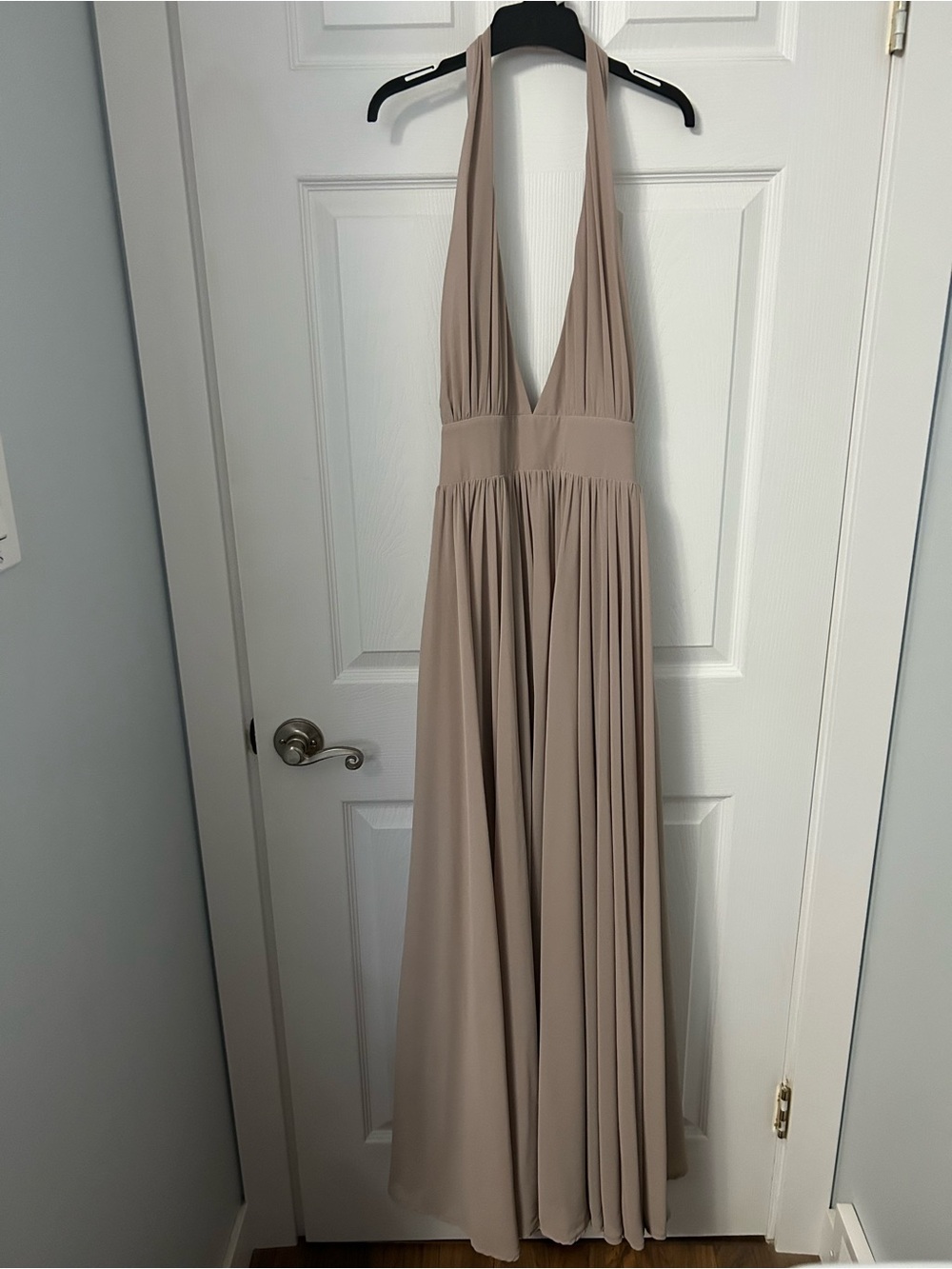 Hush Elegant Taupe Deep-V Halter Maxi Dress